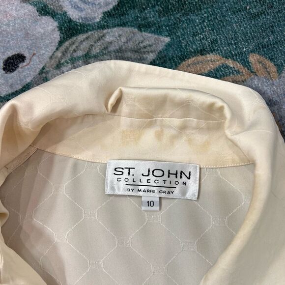 St. John Collection Silk Blouse Women 10 Cream Jacquard Button Front Long Sleeve - Picture 2 of 13